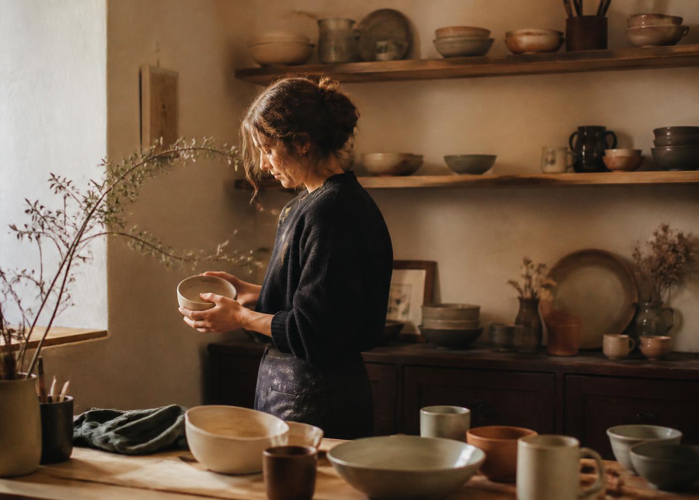 A maker holding a handmade bowl in front of shelves of earthenware